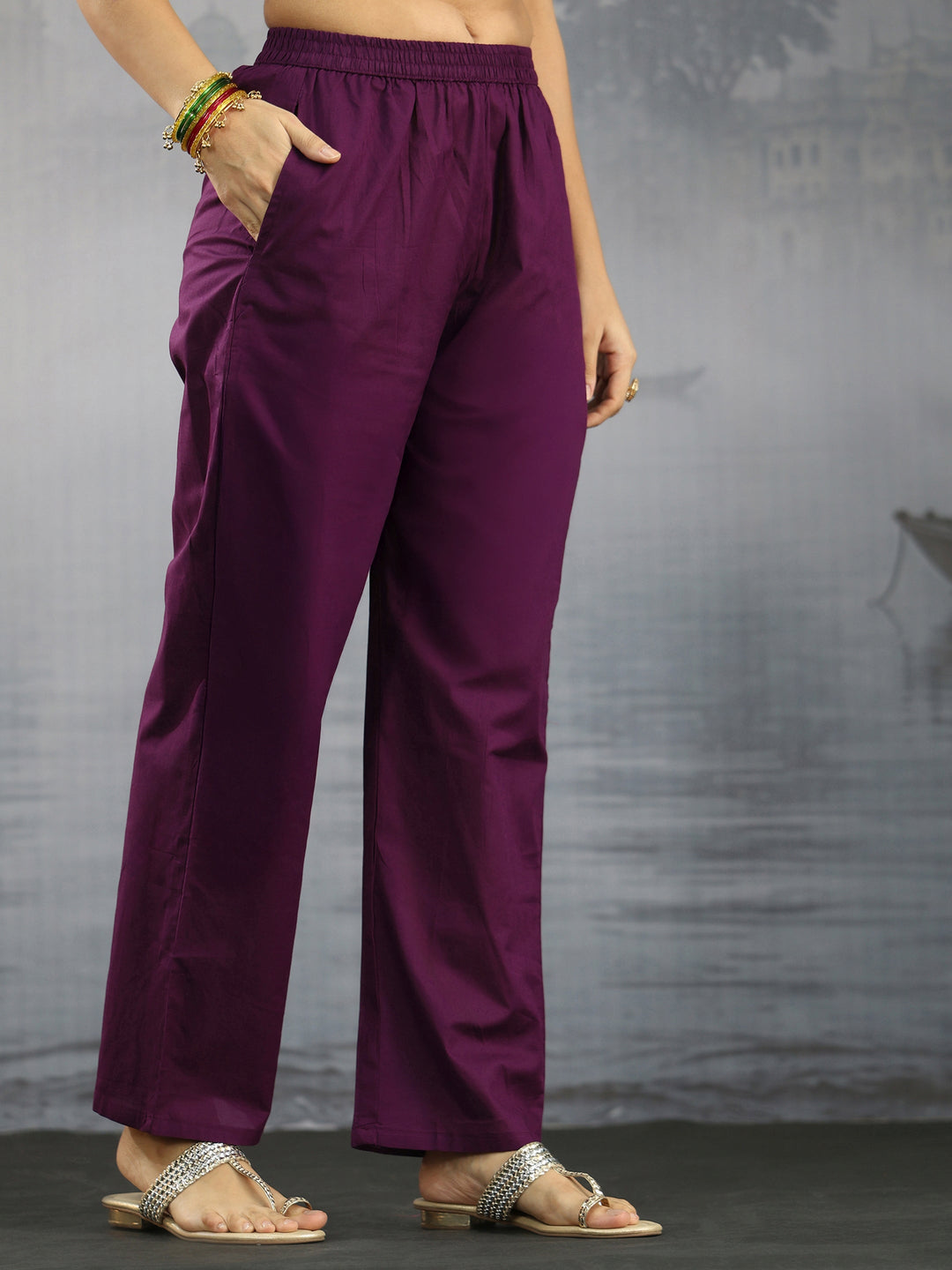 Libas Purple Floral Printed Cotton Straight Suit Set 