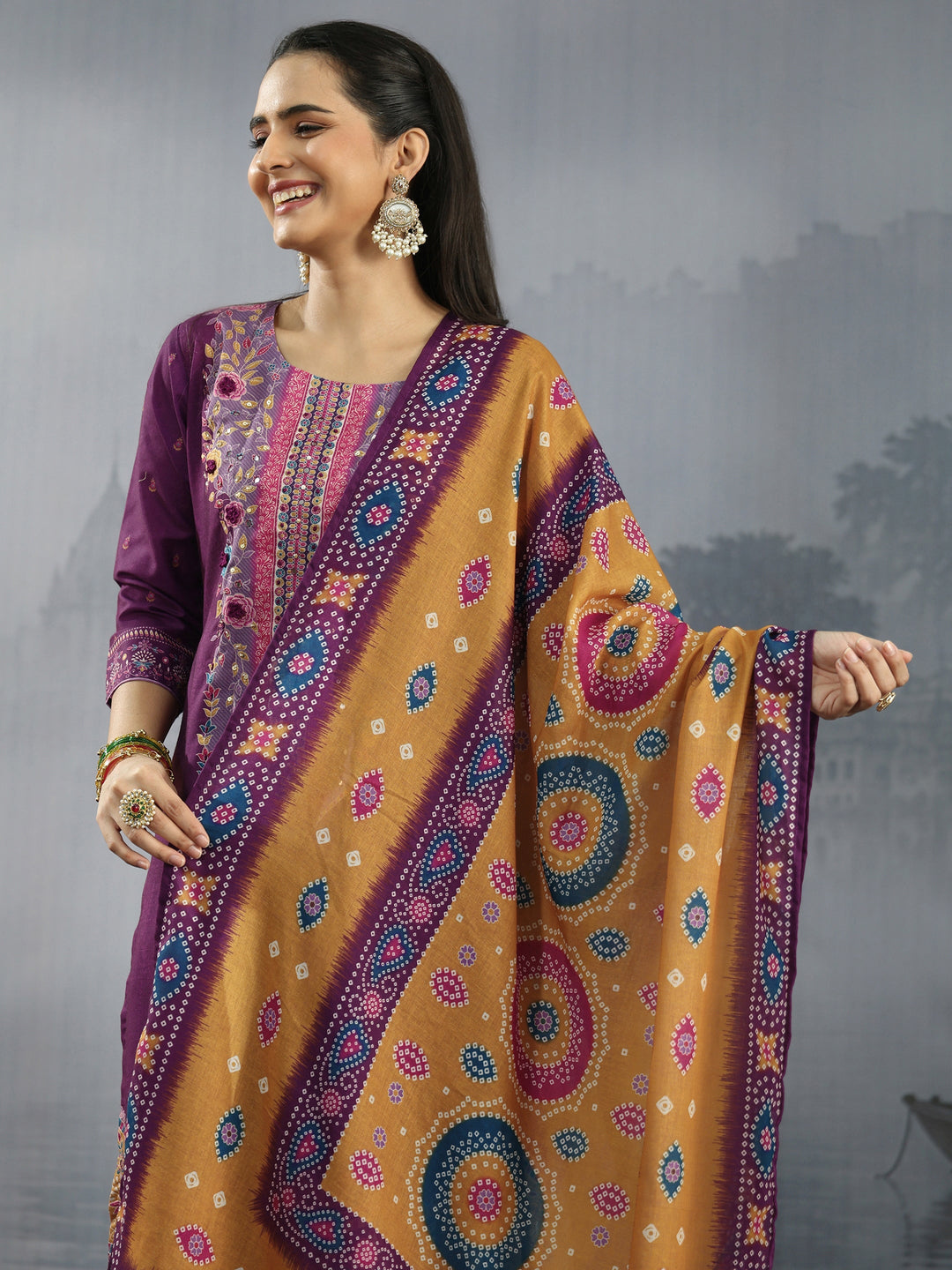  Libas Purple Floral Printed Cotton Straight Suit Set 