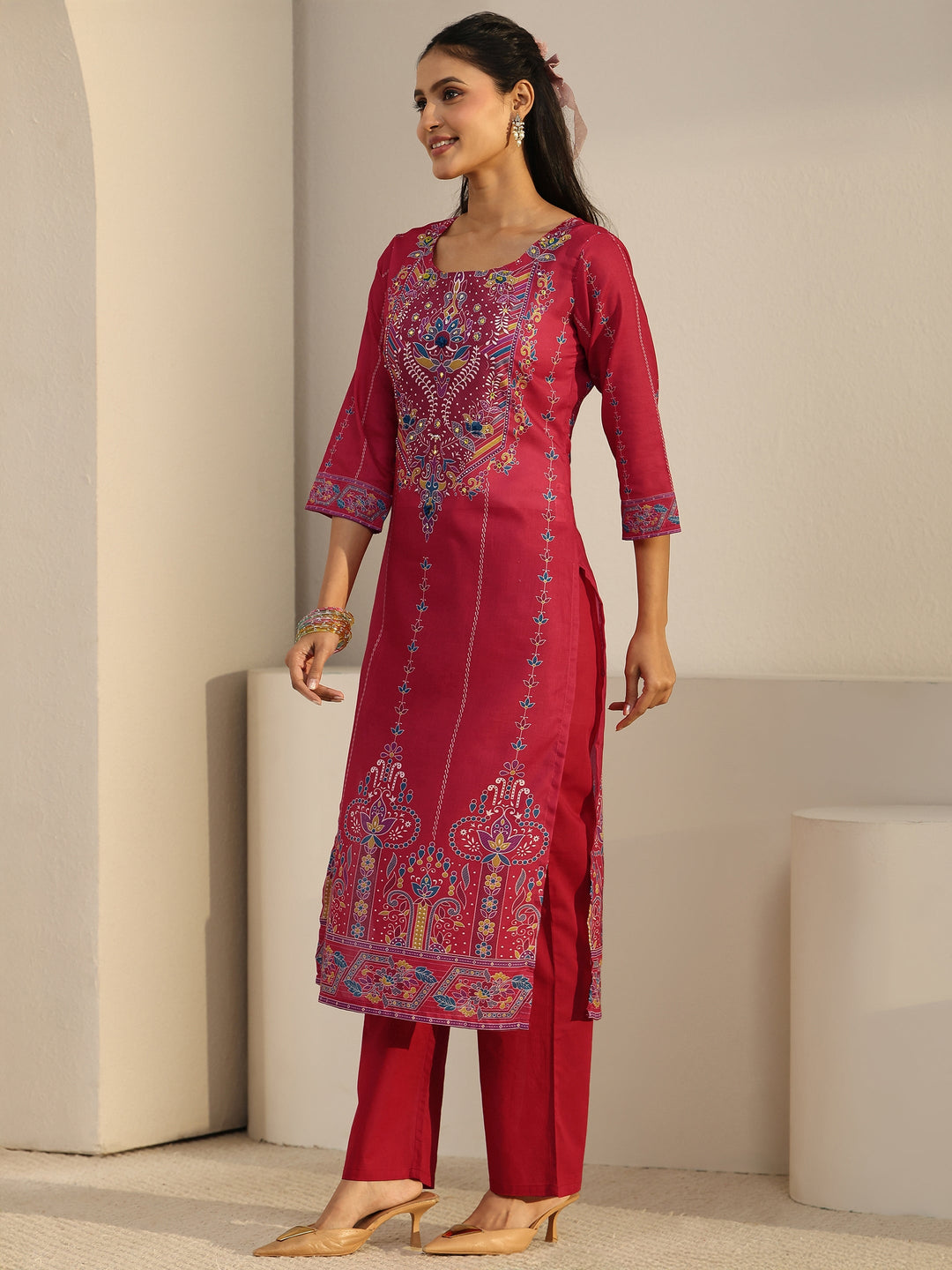  Libas Coral Pink Printed Cotton Straight Suit Set 