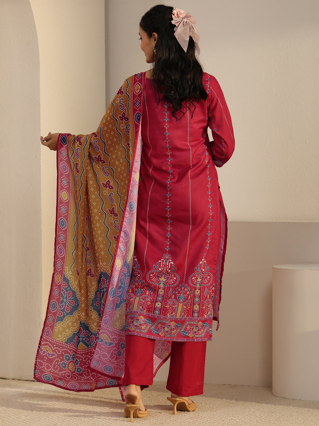  Libas Coral Pink Printed Cotton Straight Suit Set 