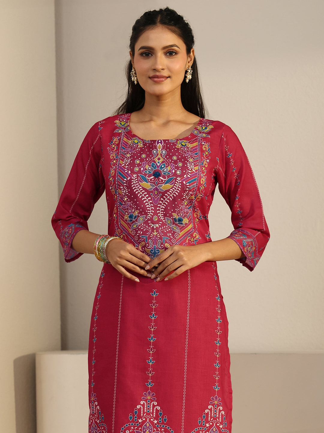  Libas Coral Pink Printed Cotton Straight Suit Set 