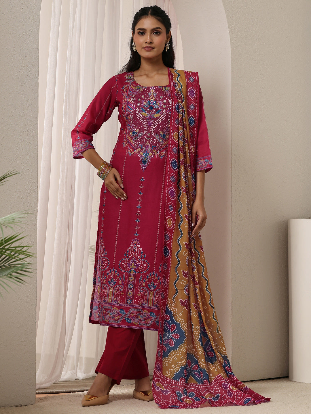  Libas Coral Pink Printed Cotton Straight Suit Set 
