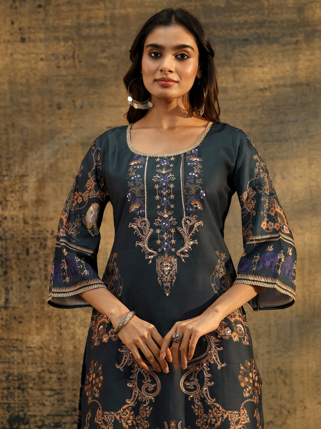  Libas Dark Teal Blue Embellished Silk Blend Straight Suit Set 
