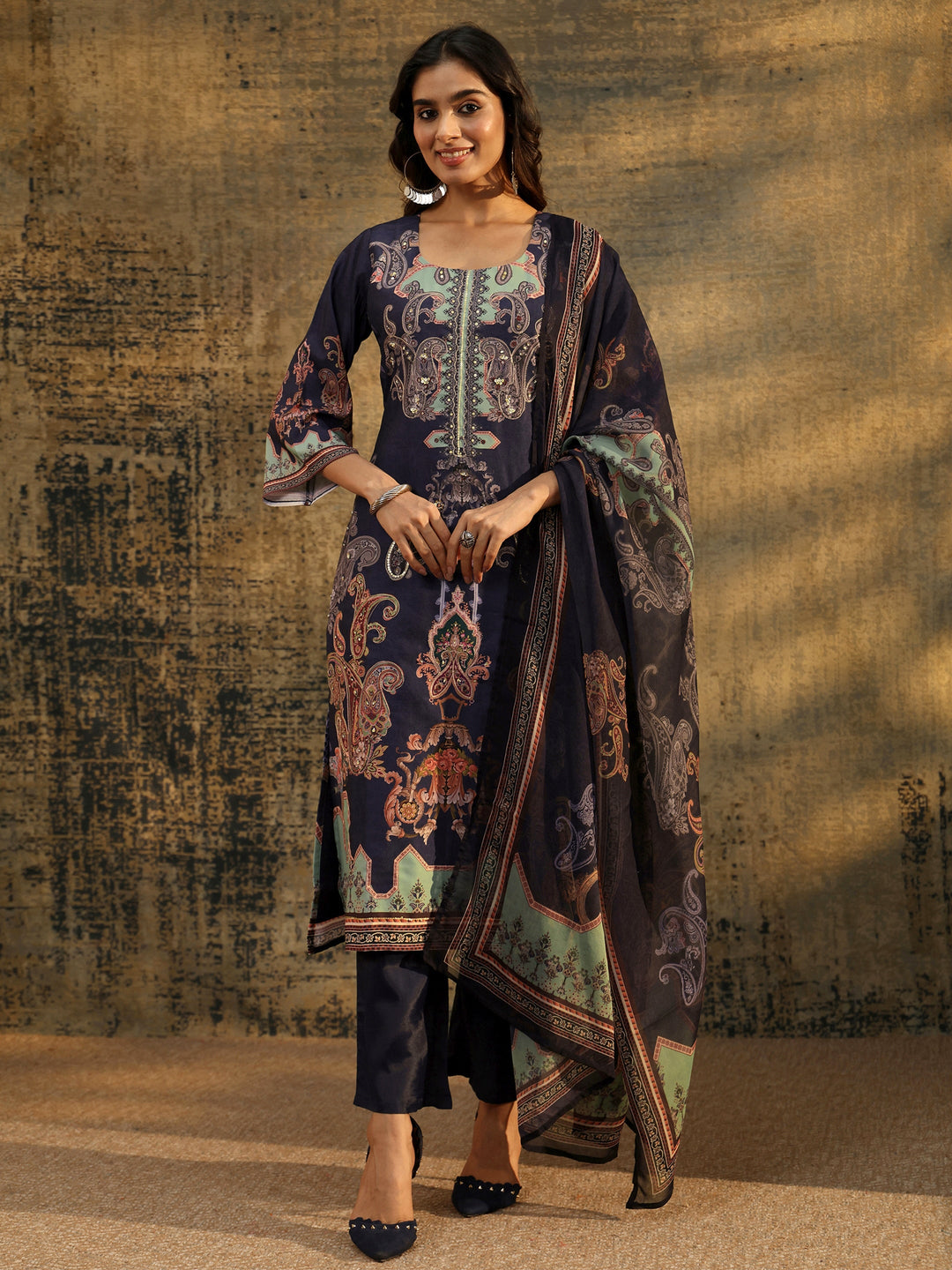  Libas Midnight Purple Paisley Print  Silk Blend Straight Suit Set 