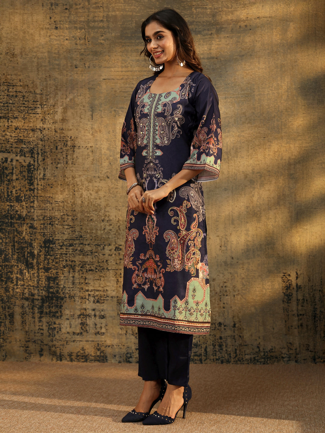  Libas Midnight Purple Paisley Print  Silk Blend Straight Suit Set 