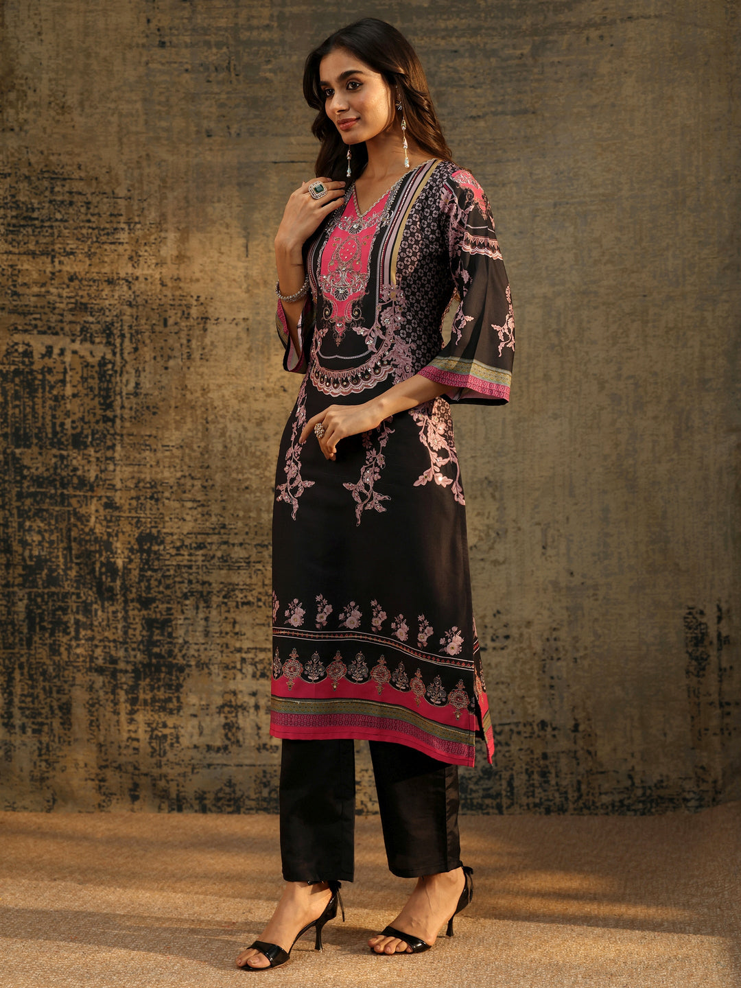  Libas Black Floral Embellished Silk Blend Straight Suit Set 