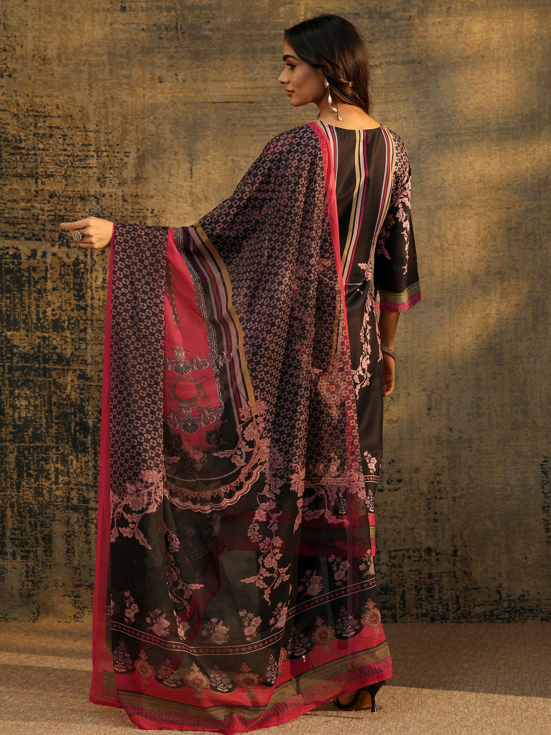  Libas Black Floral Embellished Silk Blend Straight Suit Set 