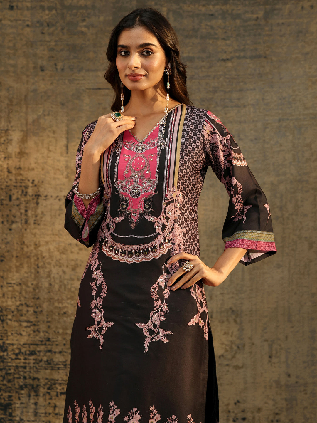  Libas Black Floral Embellished Silk Blend Straight Suit Set 