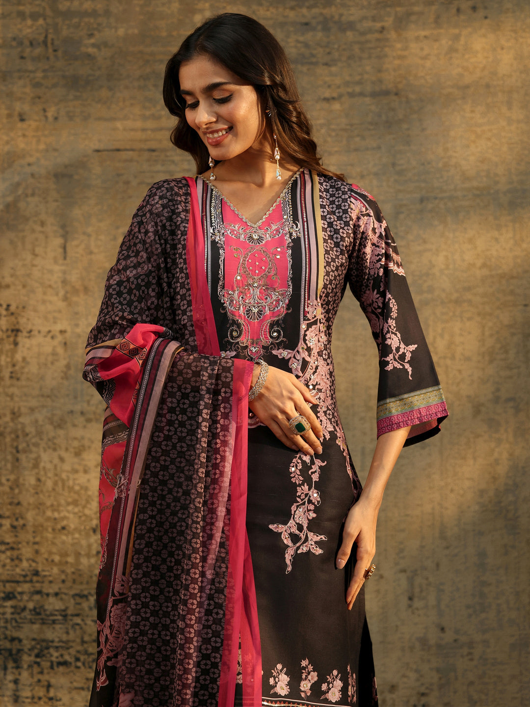  Libas Black Floral Embellished Silk Blend Straight Suit Set 
