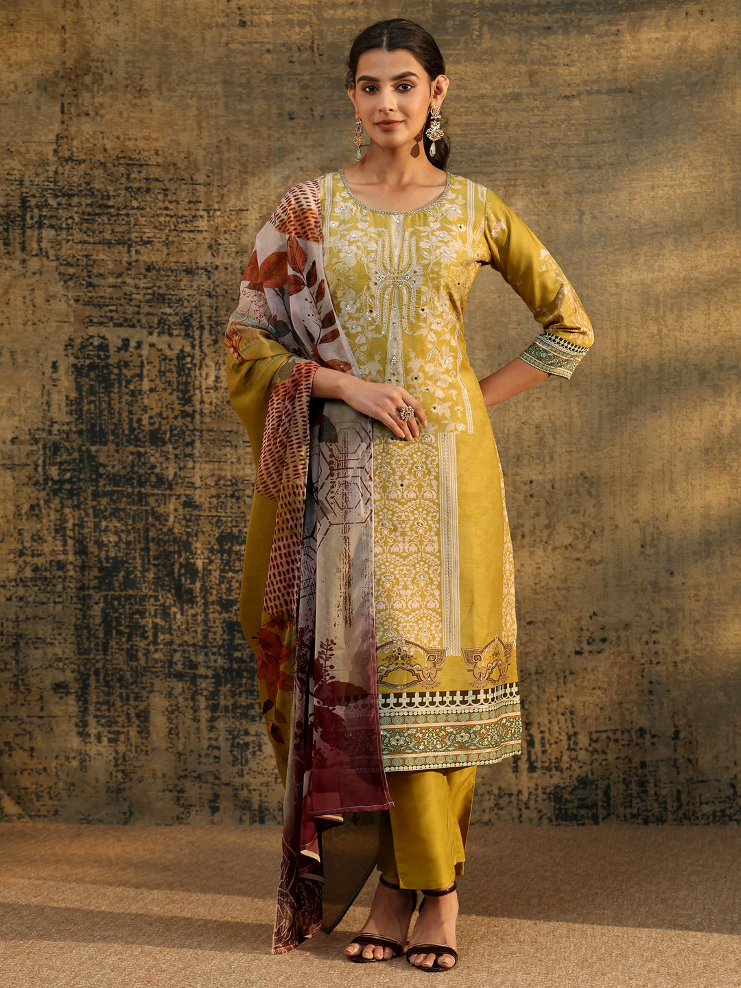  Libas Mustard Yellow Floral Printed Silk Blend Straight Suit Set 