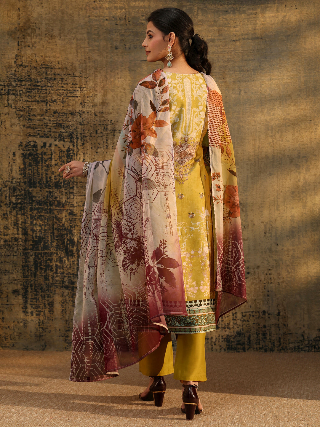  Libas Mustard Yellow Floral Printed Silk Blend Straight Suit Set 
