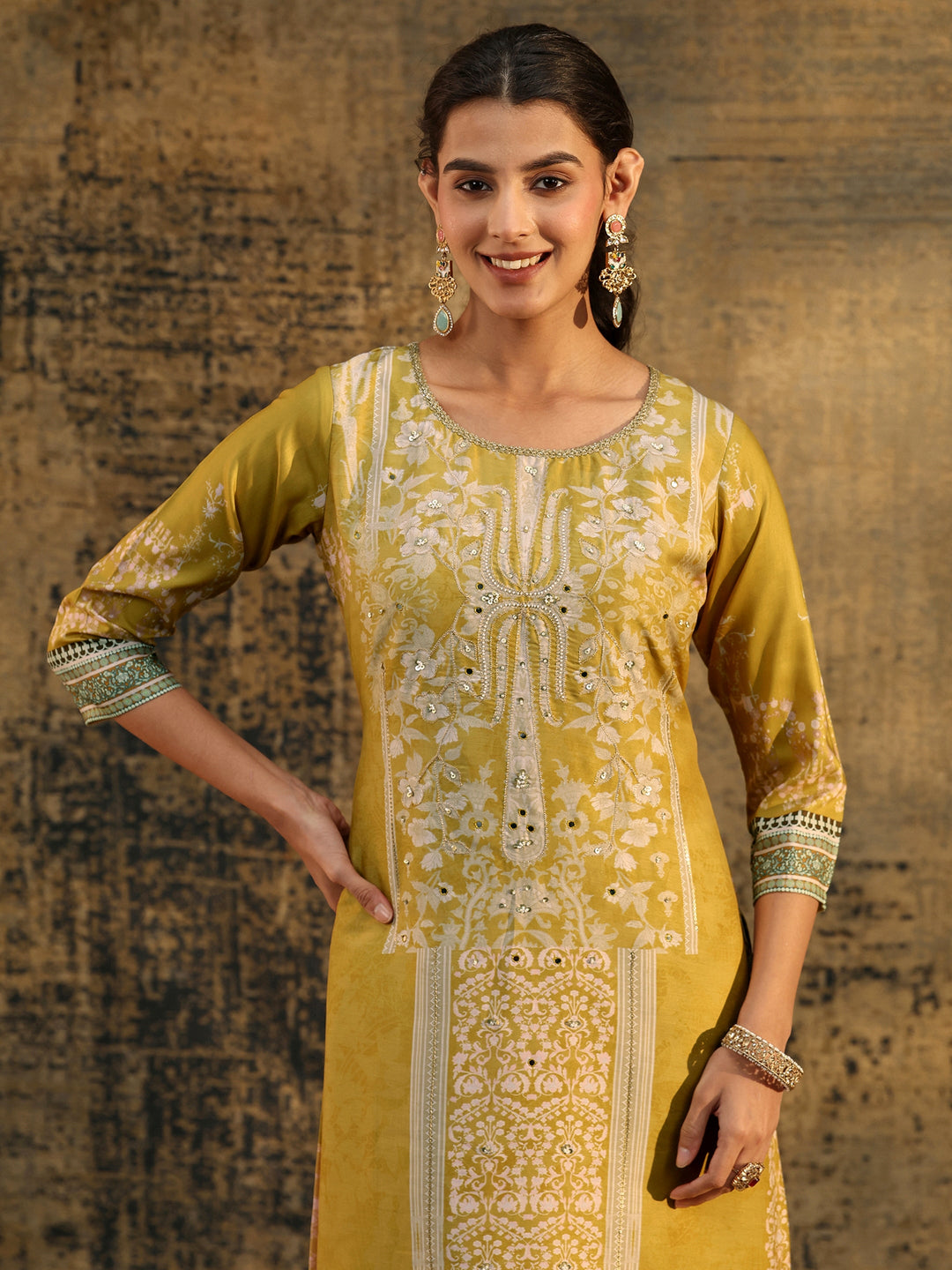  Libas Mustard Yellow Floral Printed Silk Blend Straight Suit Set 