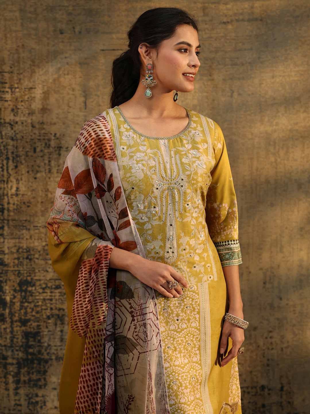  Libas Mustard Yellow Floral Printed Silk Blend Straight Suit Set 