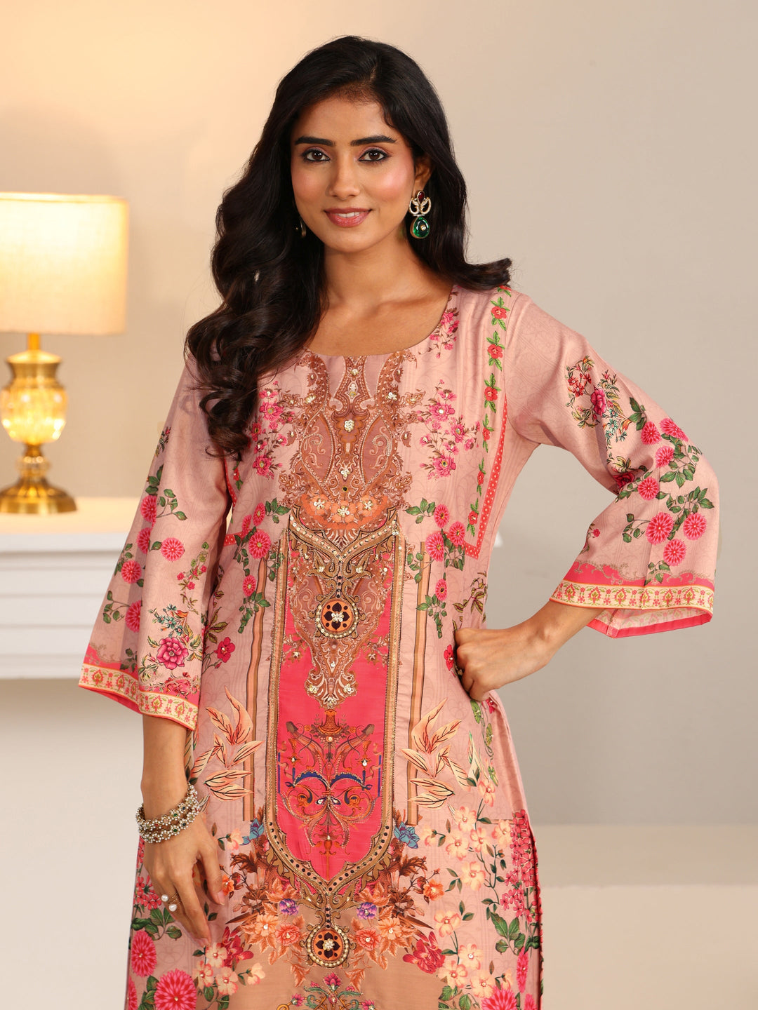  Libas Pink Floral Printed Silk Blend Straight Suit Set 