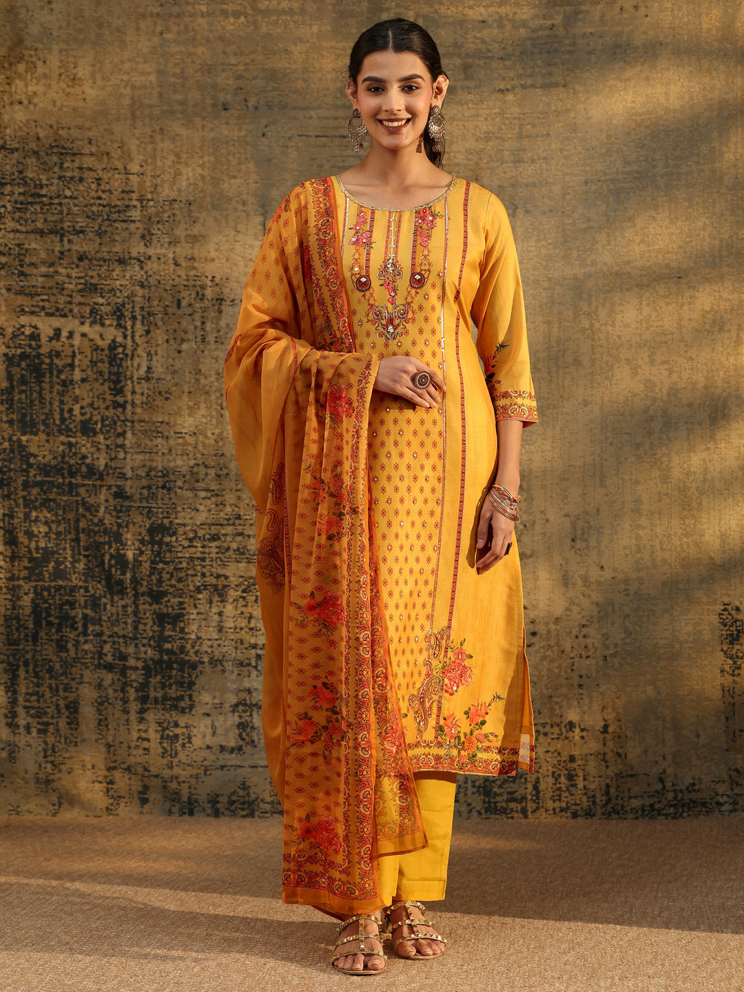  Libas Mustard Floral Embroidered Silk Blend Straight Suit Set 