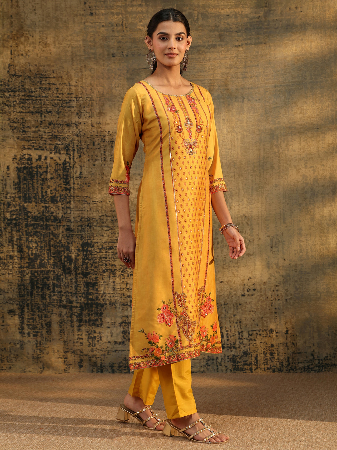  Libas Mustard Floral Embroidered Silk Blend Straight Suit Set 