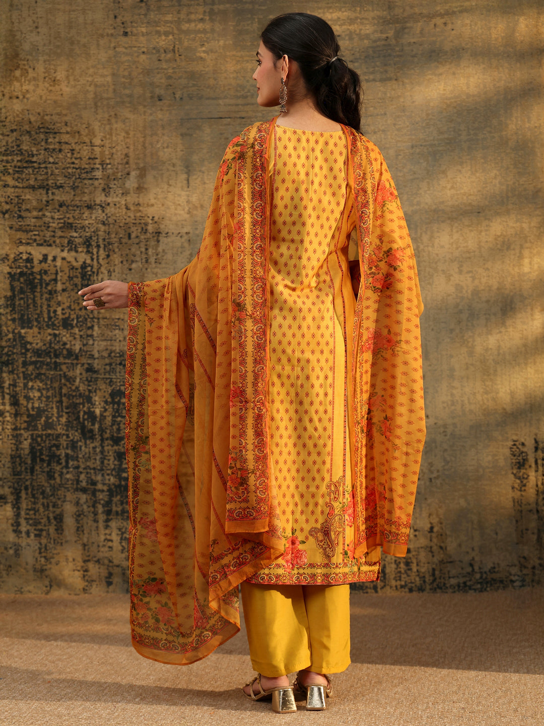  Libas Mustard Floral Embroidered Silk Blend Straight Suit Set 