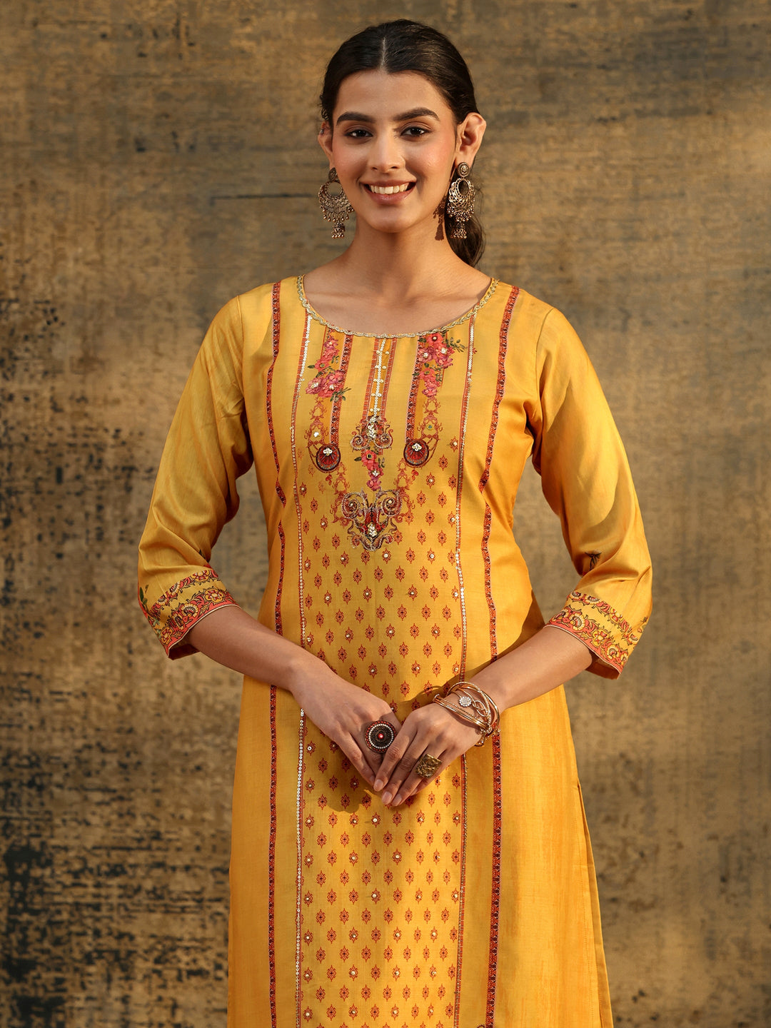  Libas Mustard Floral Embroidered Silk Blend Straight Suit Set 