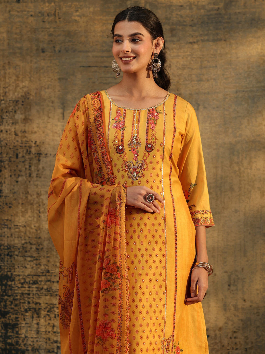  Libas Mustard Floral Embroidered Silk Blend Straight Suit Set 