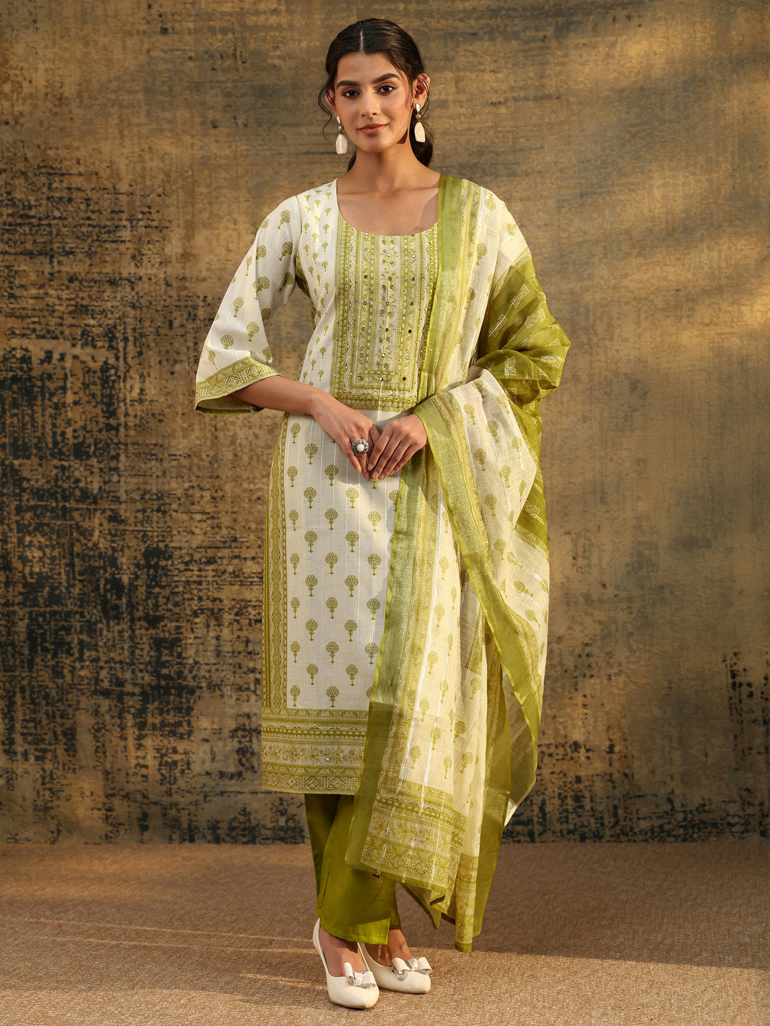  Libas Off White Floral Printed Linen Straight Suit Set 