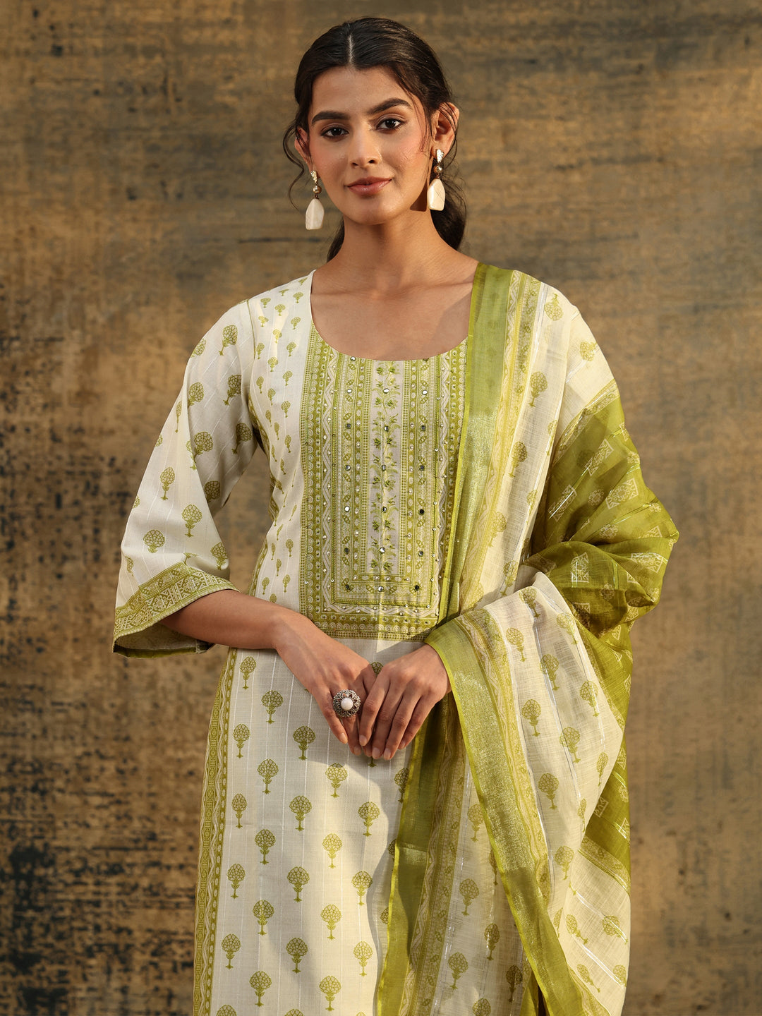 Libas Off White Floral Printed Linen Straight Suit Set 