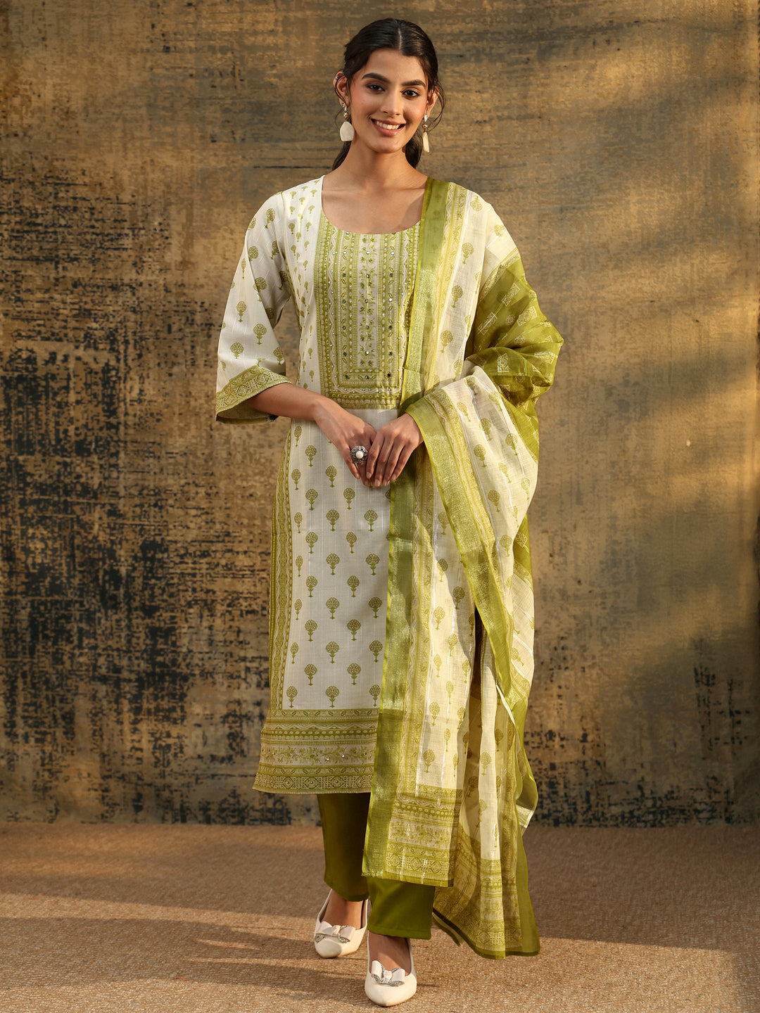  Libas Off White Floral Printed Linen Straight Suit Set 
