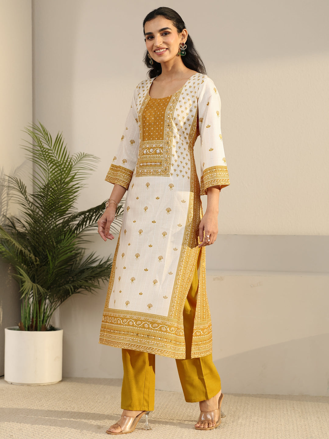  Libas Off White Floral Printed Linen Straight Suit Set 