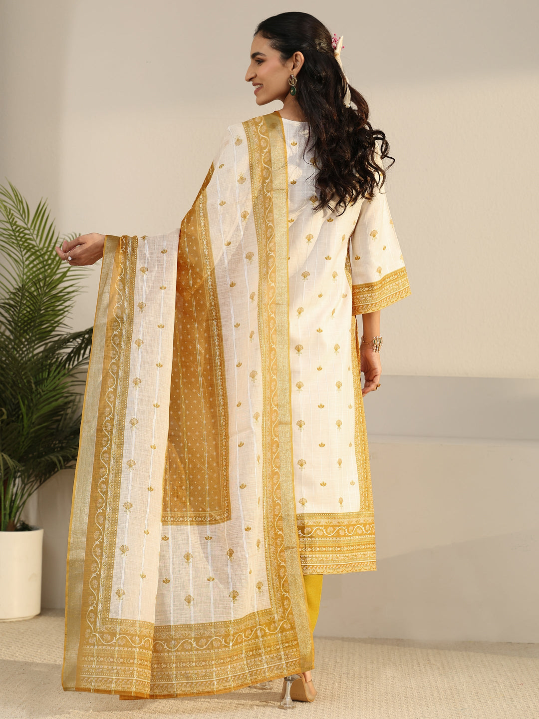  Libas Off White Floral Printed Linen Straight Suit Set 