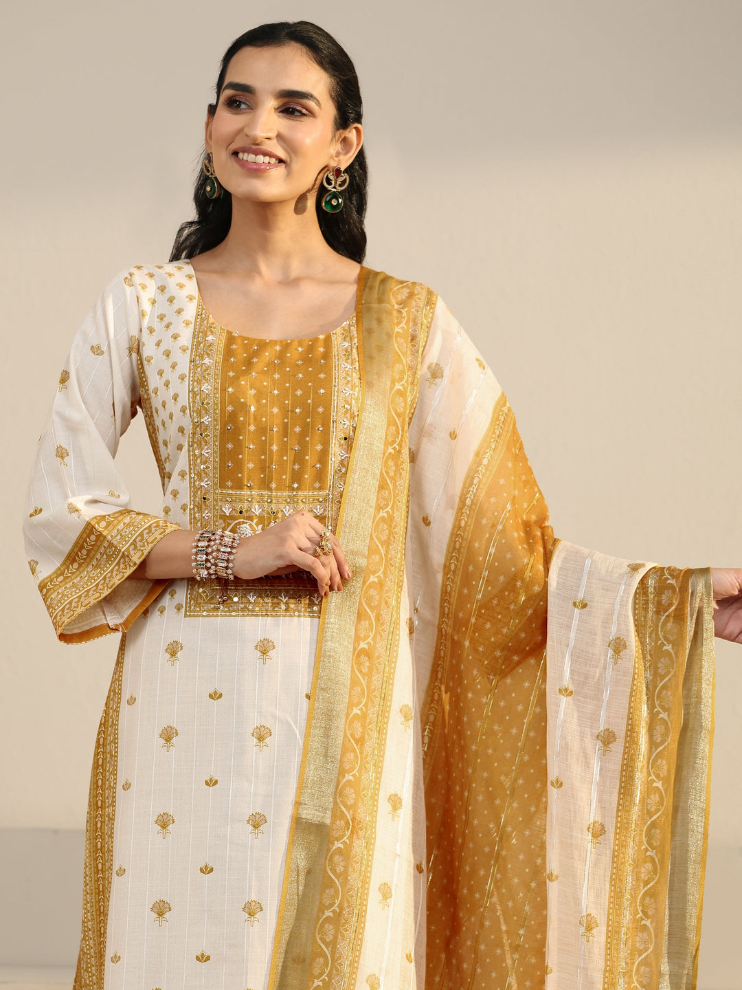  Libas Off White Floral Printed Linen Straight Suit Set 