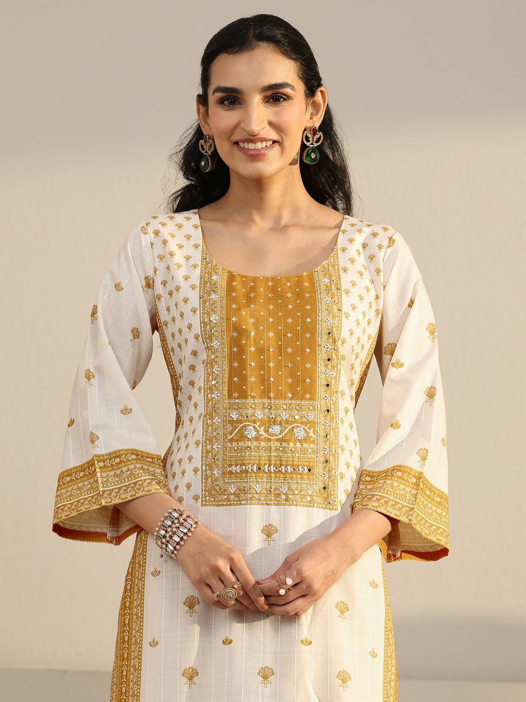  Libas Off White Floral Printed Linen Straight Suit Set 