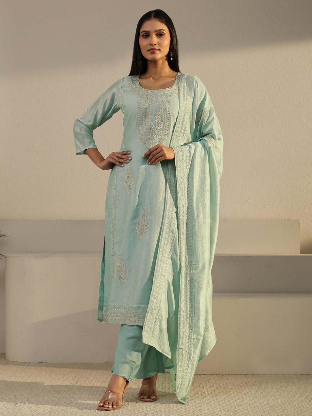  Libas Powder Blue Paisley Embellished Silk Blend Straight Suit Set 