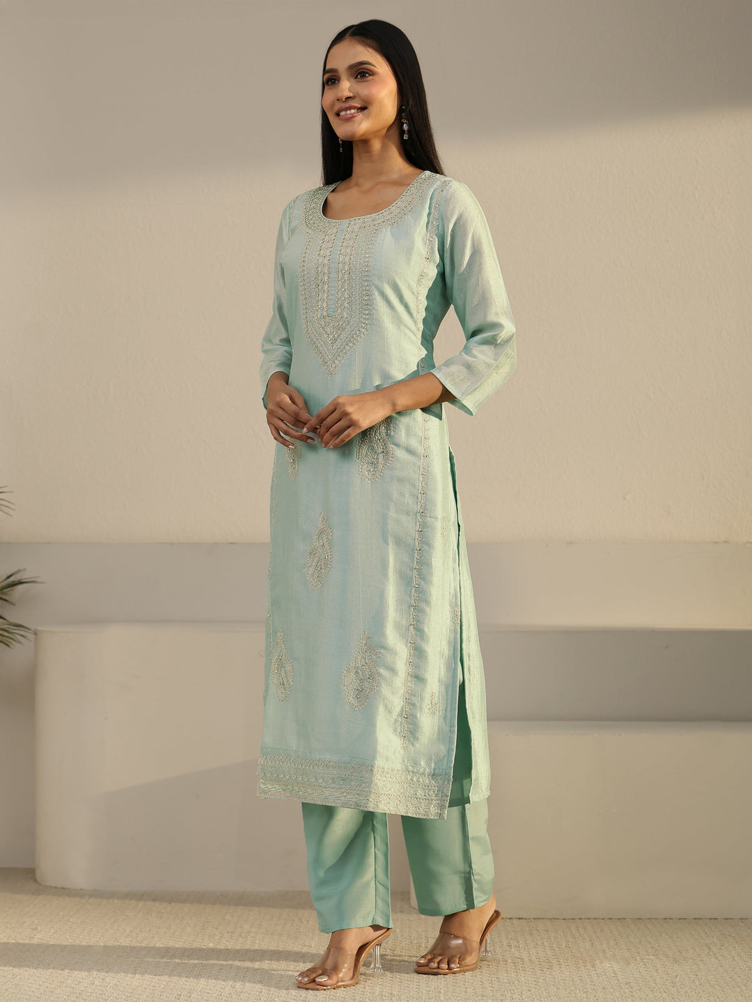  Libas Powder Blue Paisley Embellished Silk Blend Straight Suit Set 