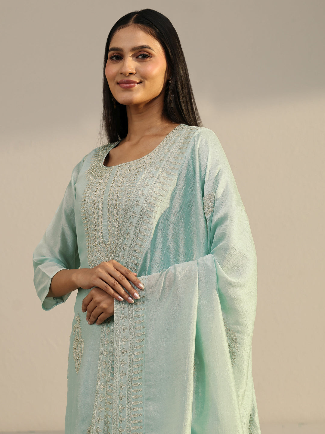  Libas Powder Blue Paisley Embellished Silk Blend Straight Suit Set 