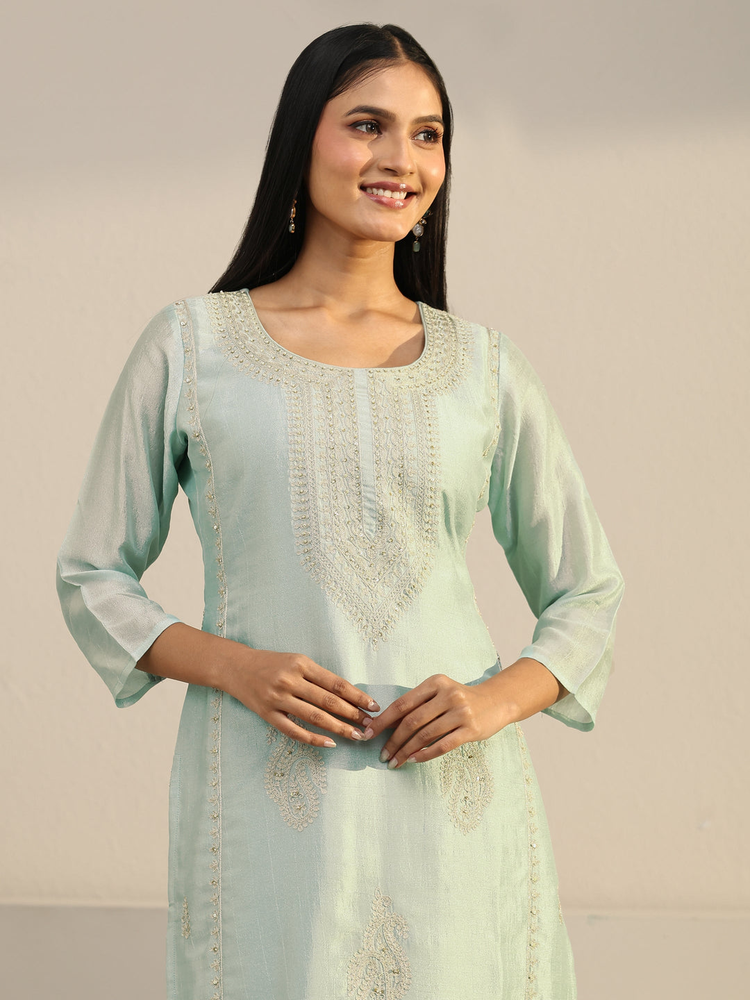  Libas Powder Blue Paisley Embellished Silk Blend Straight Suit Set 