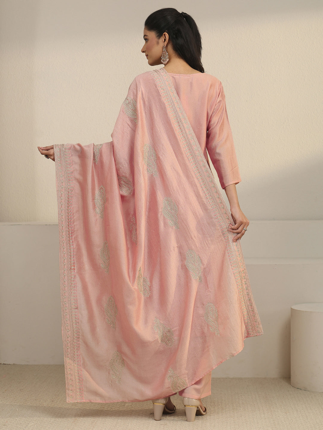  Libas Dusty Pink Paisley Embellished Silk Blend Straight Suit Set 