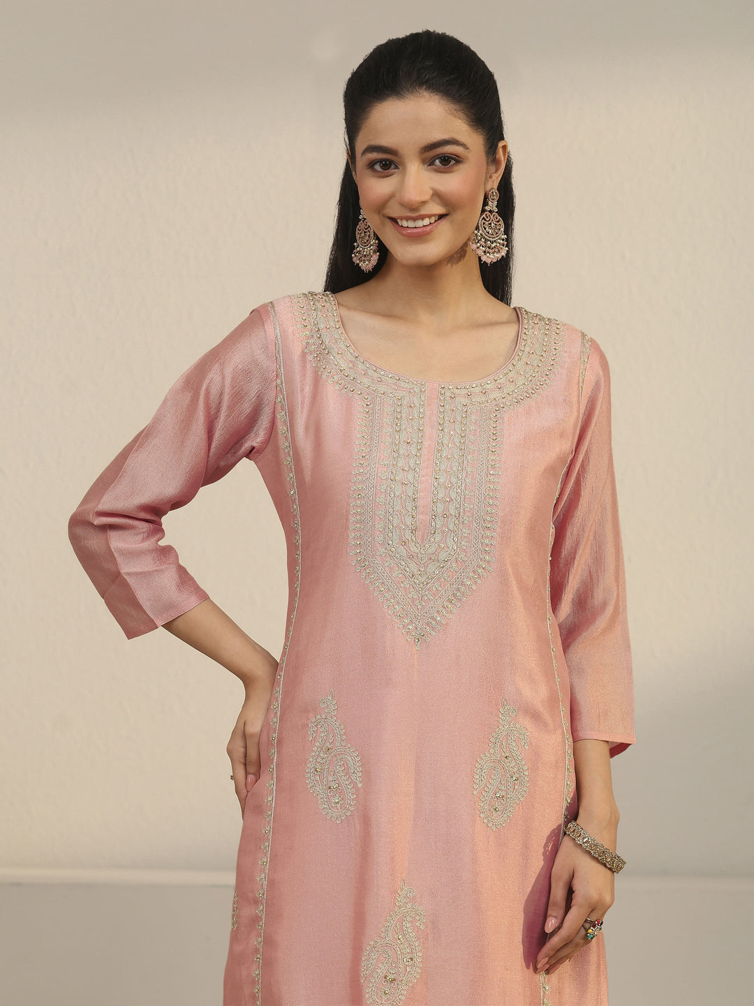  Libas Dusty Pink Paisley Embellished Silk Blend Straight Suit Set 