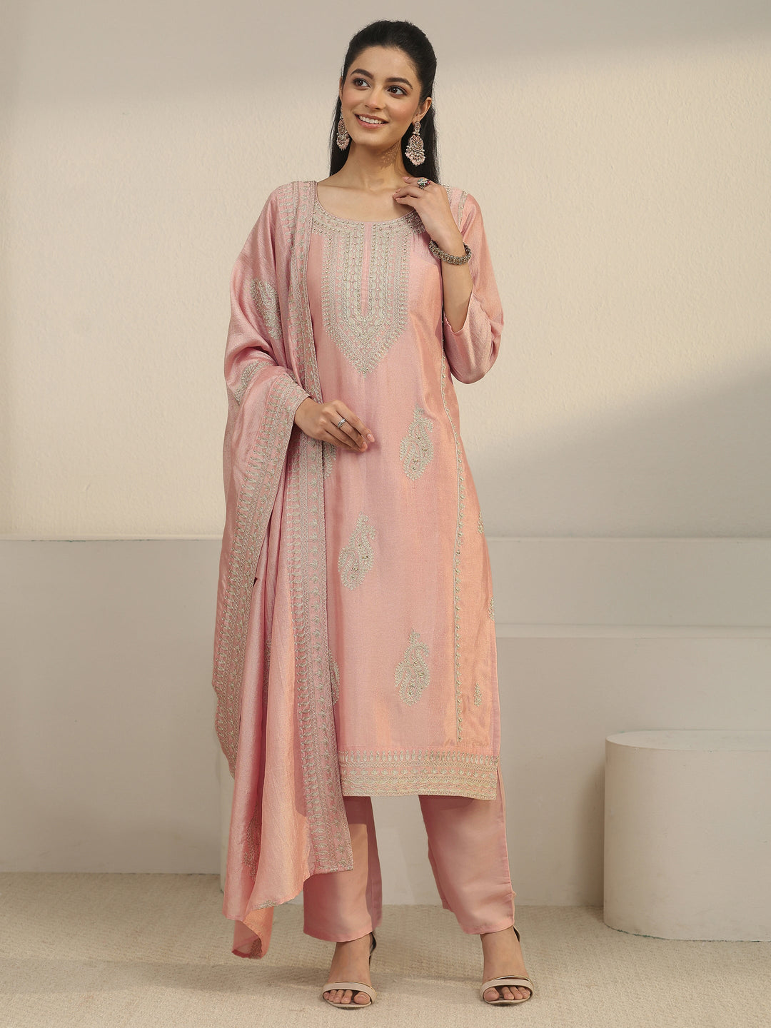  Libas Dusty Pink Paisley Embellished Silk Blend Straight Suit Set 