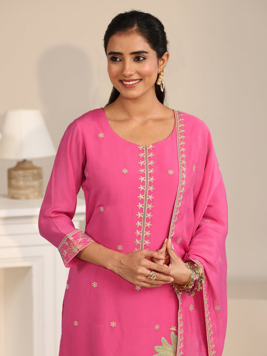  Libas Hot Pink Floral Embroidered Chanderi Silk Straight Suit Set 