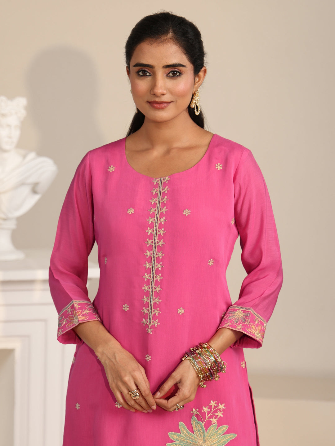  Libas Hot Pink Floral Embroidered Chanderi Silk Straight Suit Set 
