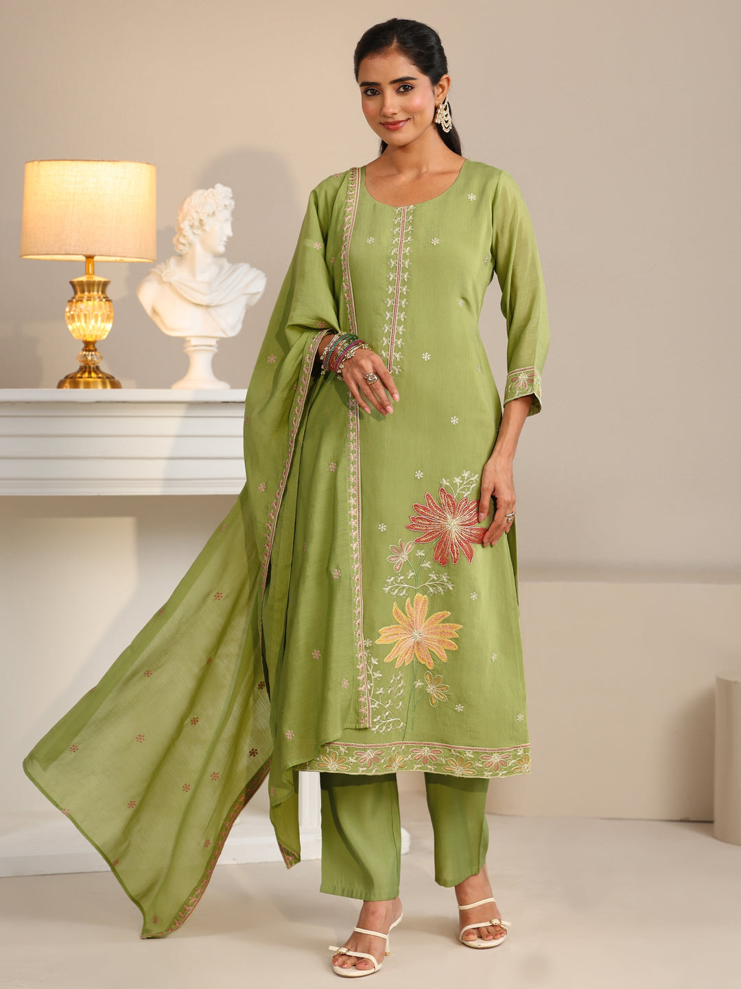  Libas Pista Green Floral Embroidered Chanderi Silk Straight Suit Set 