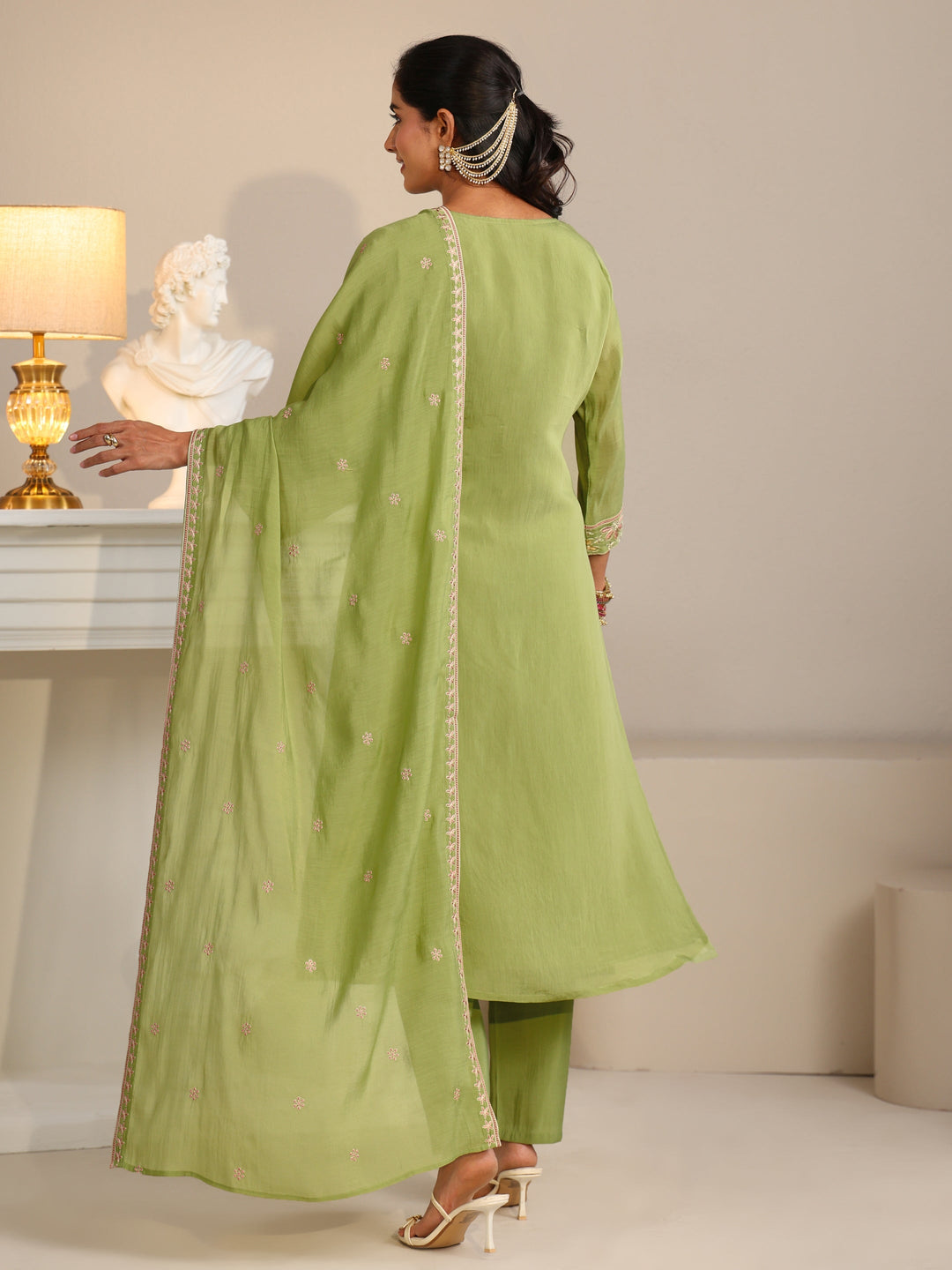  Libas Pista Green Floral Embroidered Chanderi Silk Straight Suit Set 