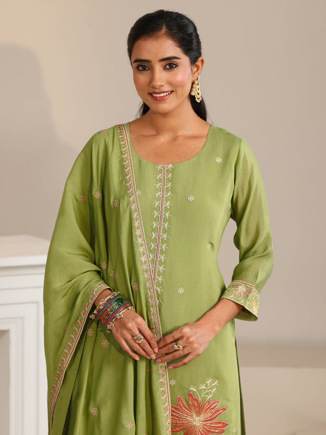  Libas Pista Green Floral Embroidered Chanderi Silk Straight Suit Set 