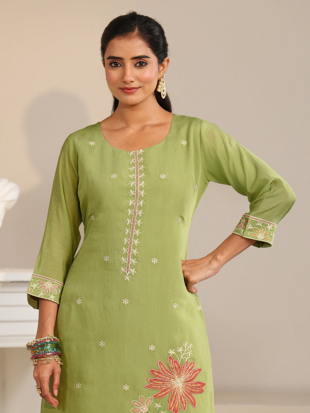 Libas Pista Green Floral Embroidered Chanderi Silk Straight Suit Set 