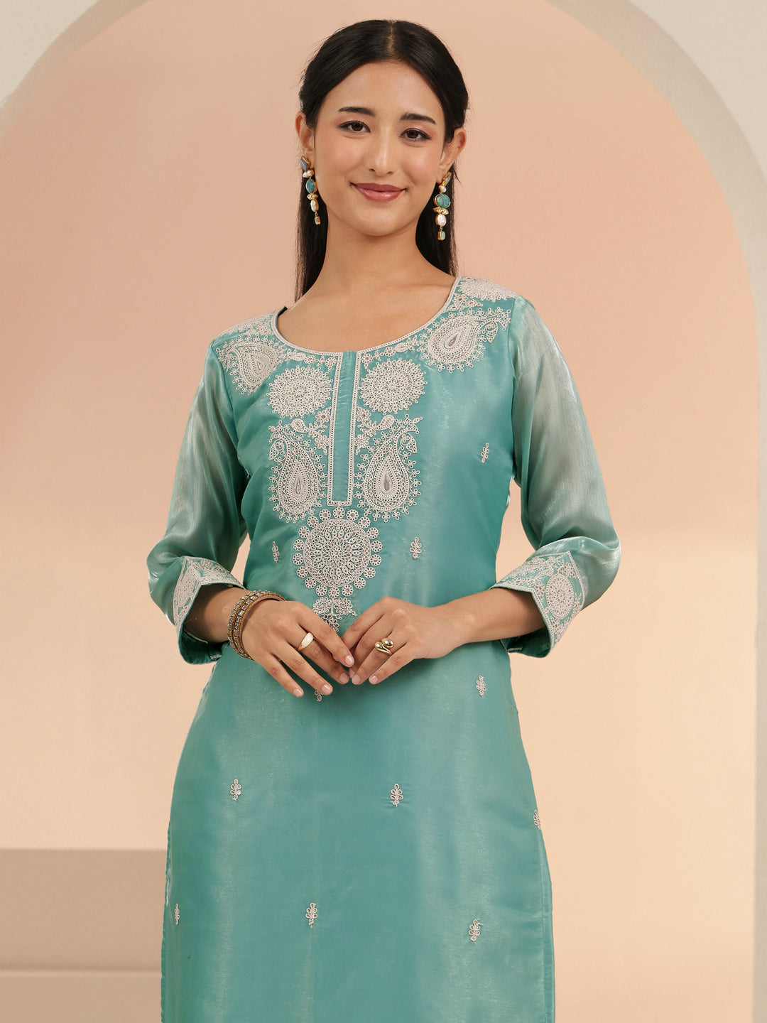  Libas Arctic Blue Embroidered Tissue Straight Suit Set 
