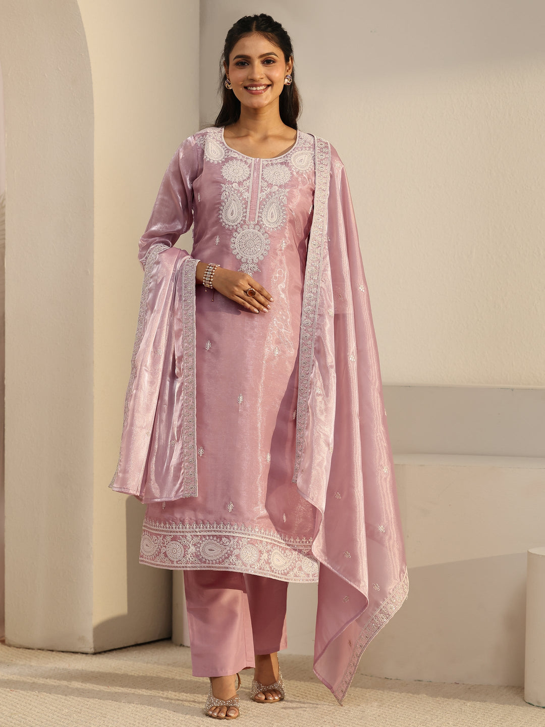  Libas Pink Paisley Embroidered Tissue Straight Suit Set 