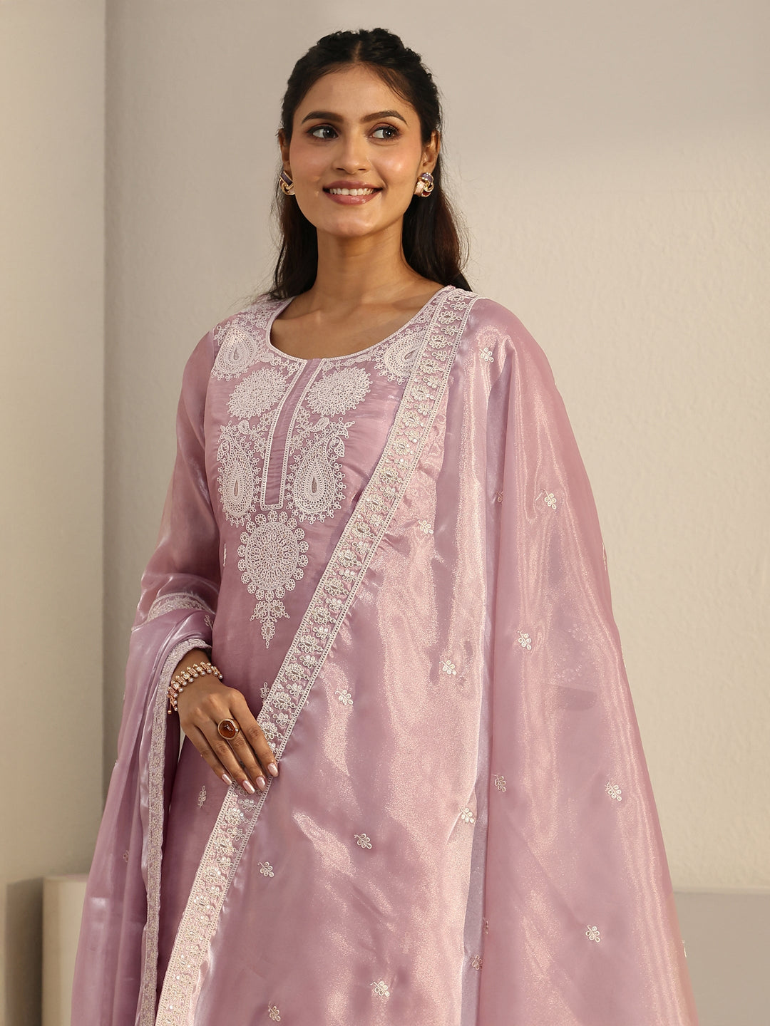 Libas Pink Paisley Embroidered Tissue Straight Suit Set 