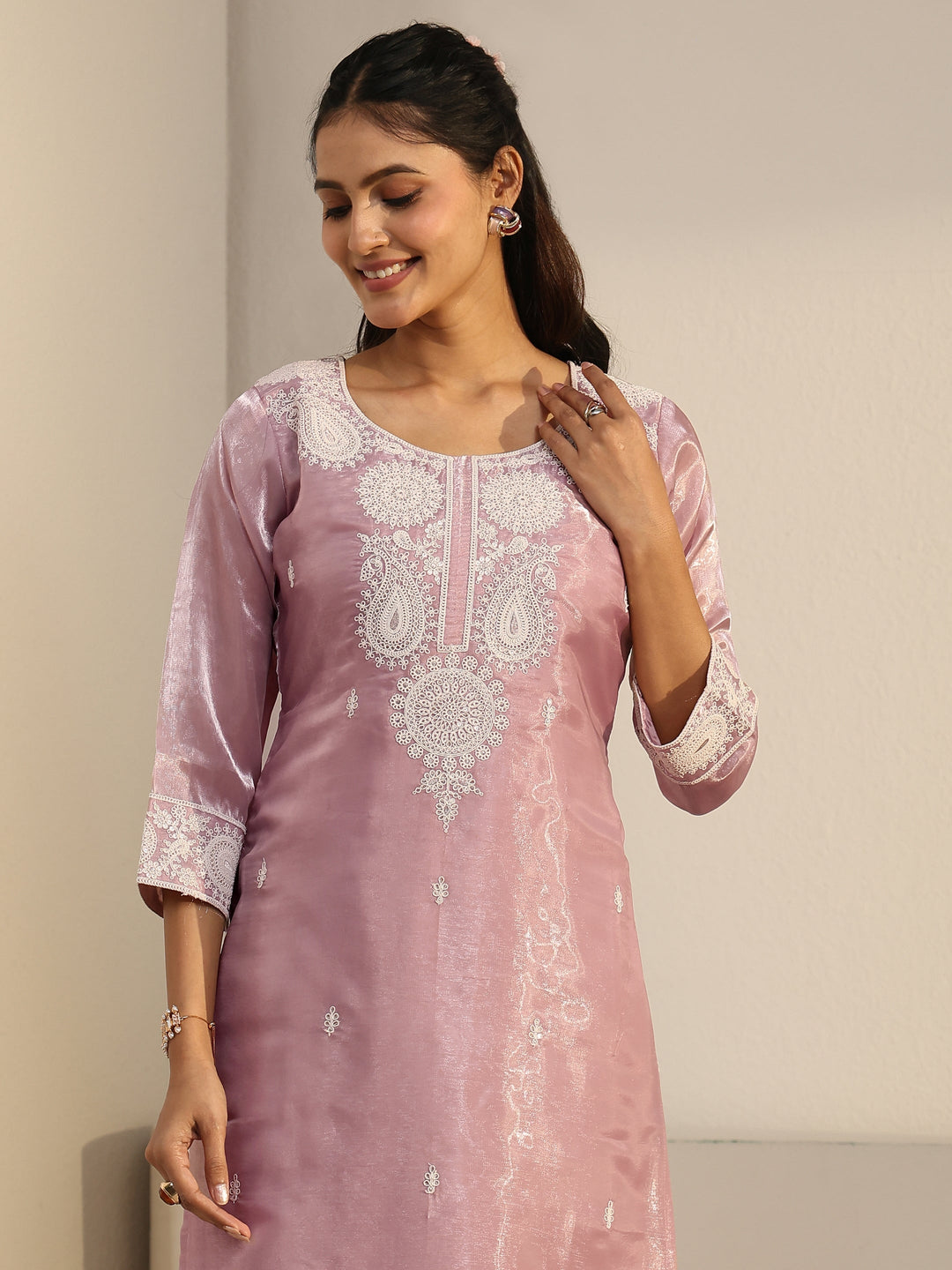  Libas Pink Paisley Embroidered Tissue Straight Suit Set 