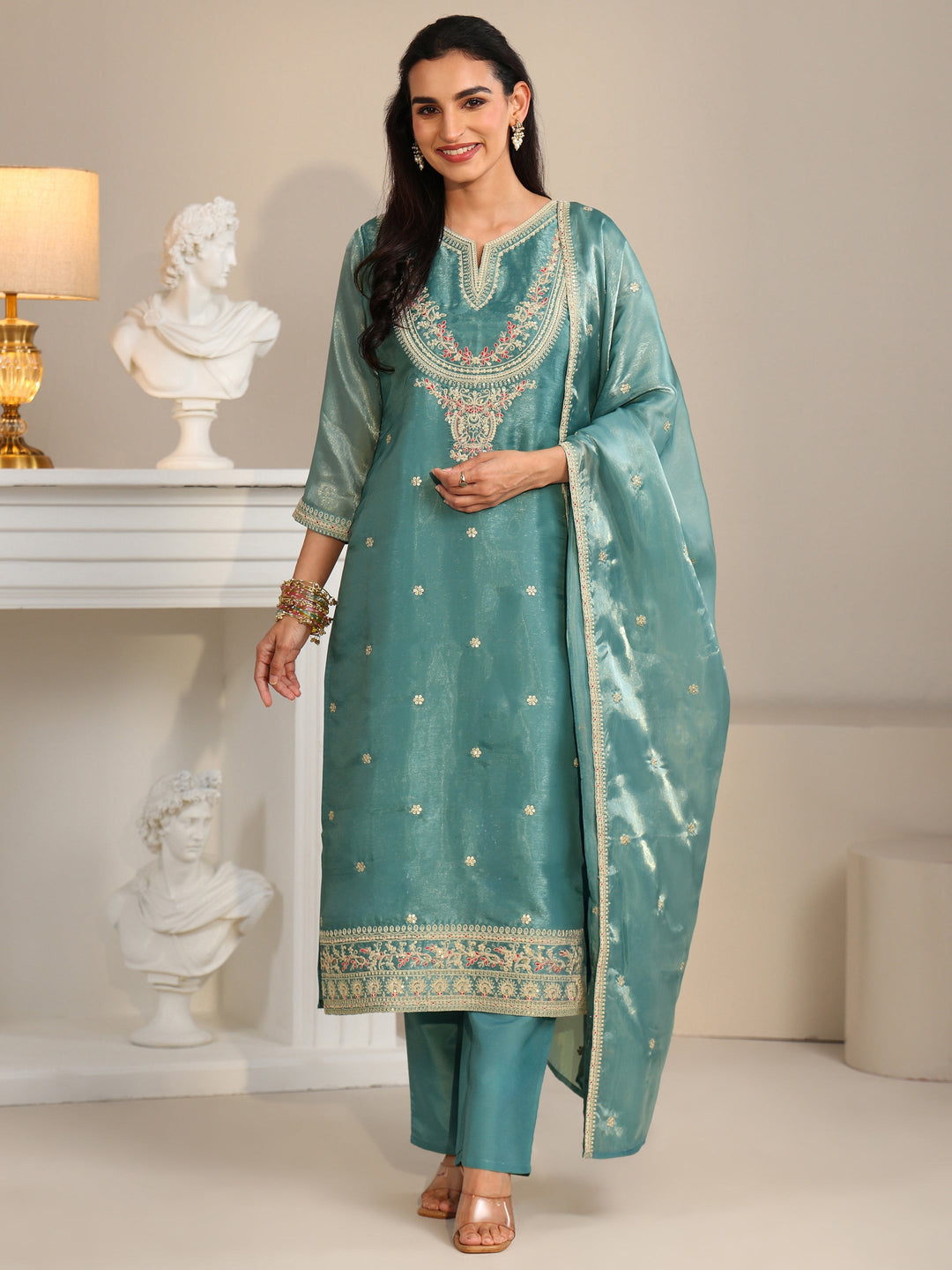  Libas Aqua Blue Ethnic Embroidered Tissue Straight  Suit Set 