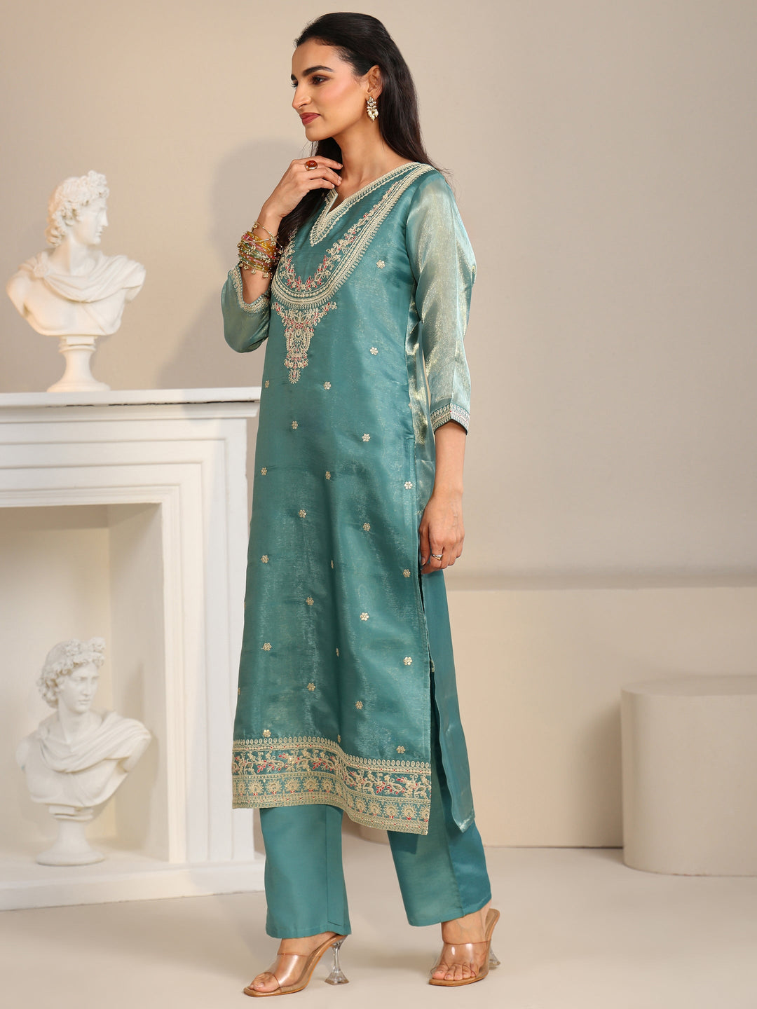  Libas Aqua Blue Ethnic Embroidered Tissue Straight  Suit Set 