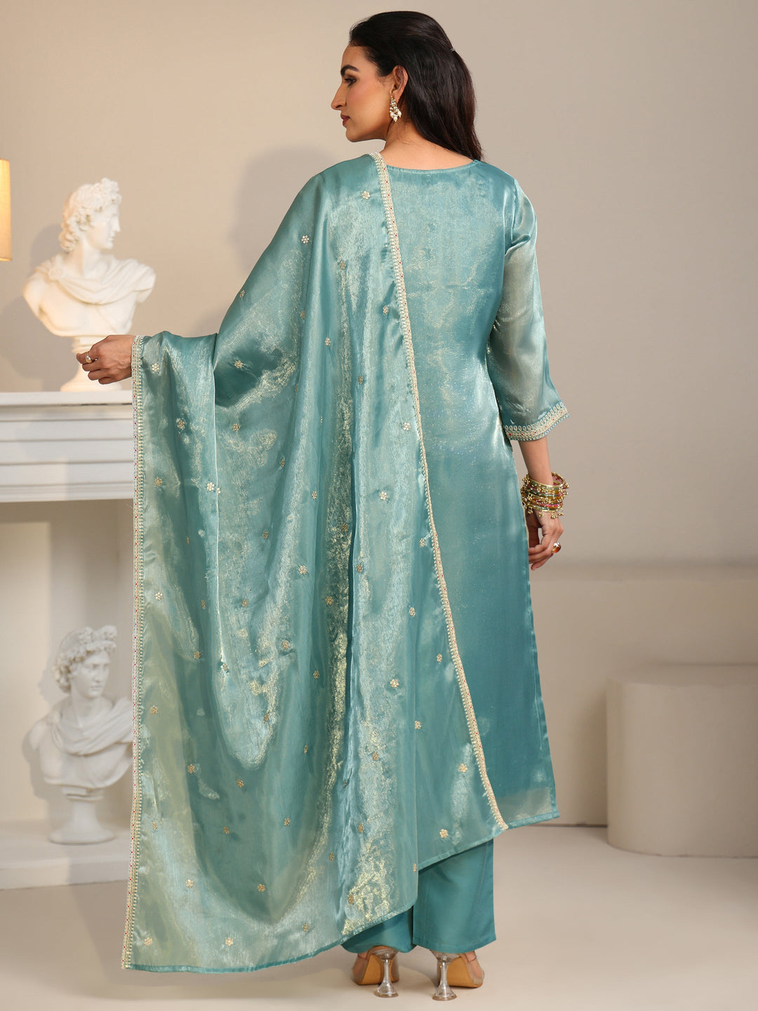  Libas Aqua Blue Ethnic Embroidered Tissue Straight  Suit Set 